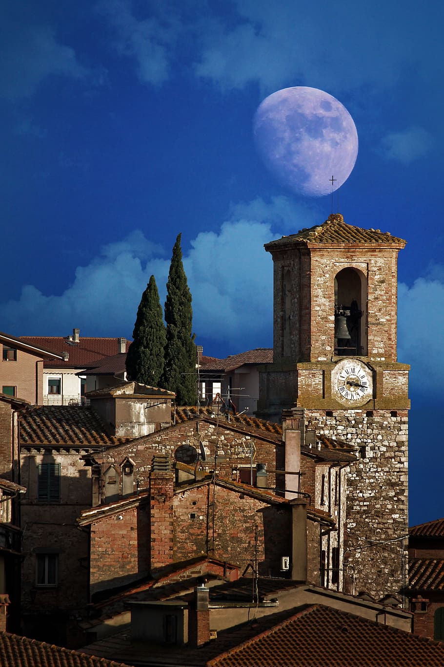 luna, country, umbria, italy, sky, campanile, architecture, HD wallpaper