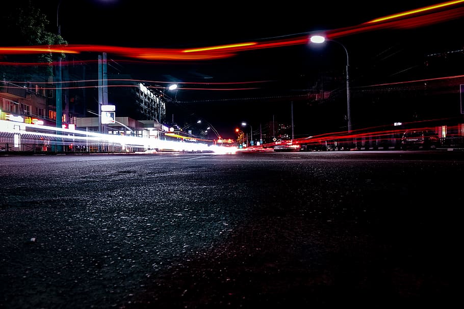 night, road, light, city, urban, light trails, long exposure HD wallpaper