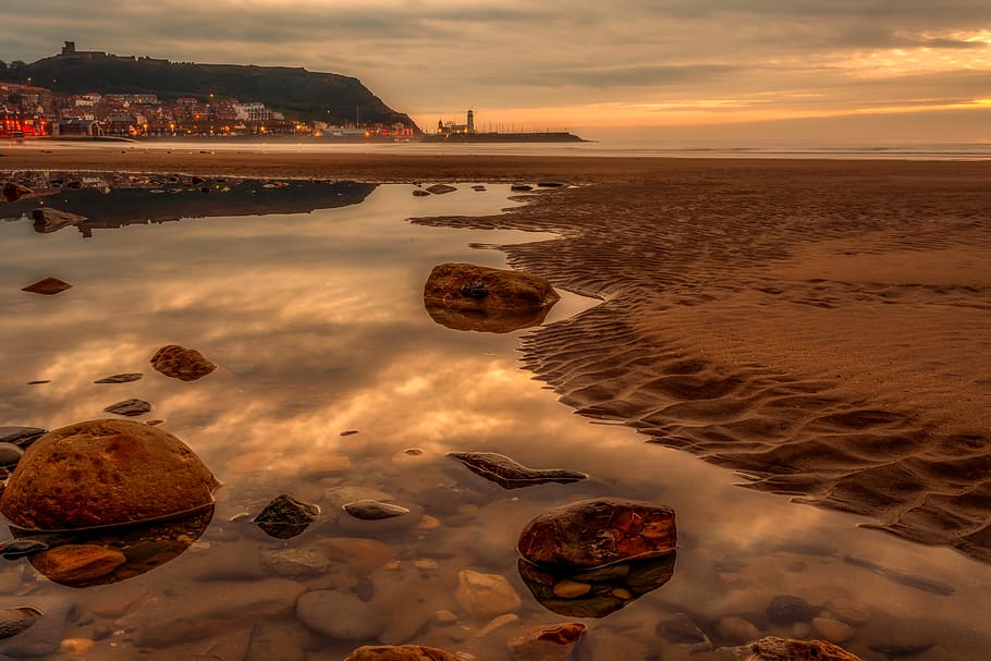 scarborough, beach, seascape, yorkshire, reflections, sand, HD wallpaper