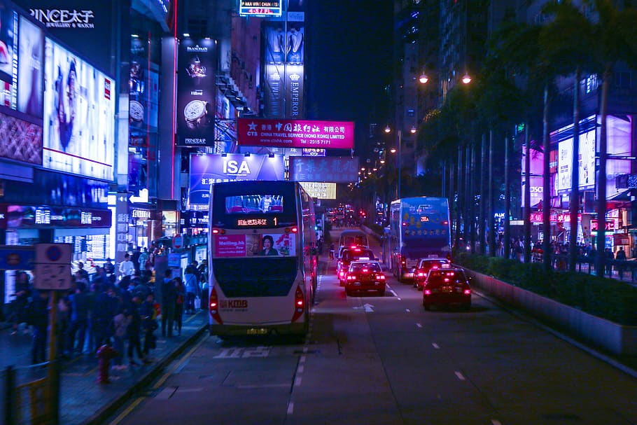 hong kong, hong kong island, hongkong, signs, lights, red, purple