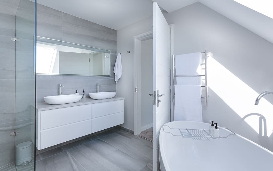 modern minimalist bathroom, bathtub, luxury, contemporary, indoors