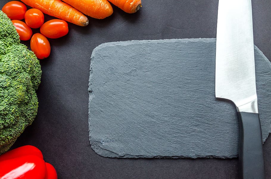 Black Handle Knife Near the Carrots, board, broccoli, citrus HD wallpaper