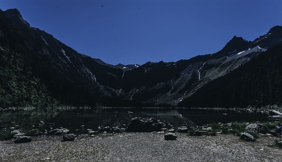 lake, mountain, mountains, beach, waterfall, trees, forest HD wallpaper