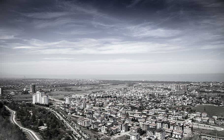 cloudy, sky, city, town, village, above, houses, homes, view HD wallpaper