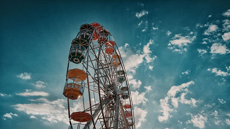 Gray and Brown Ferris Wheel, beautiful, blue sky, carnival, circus