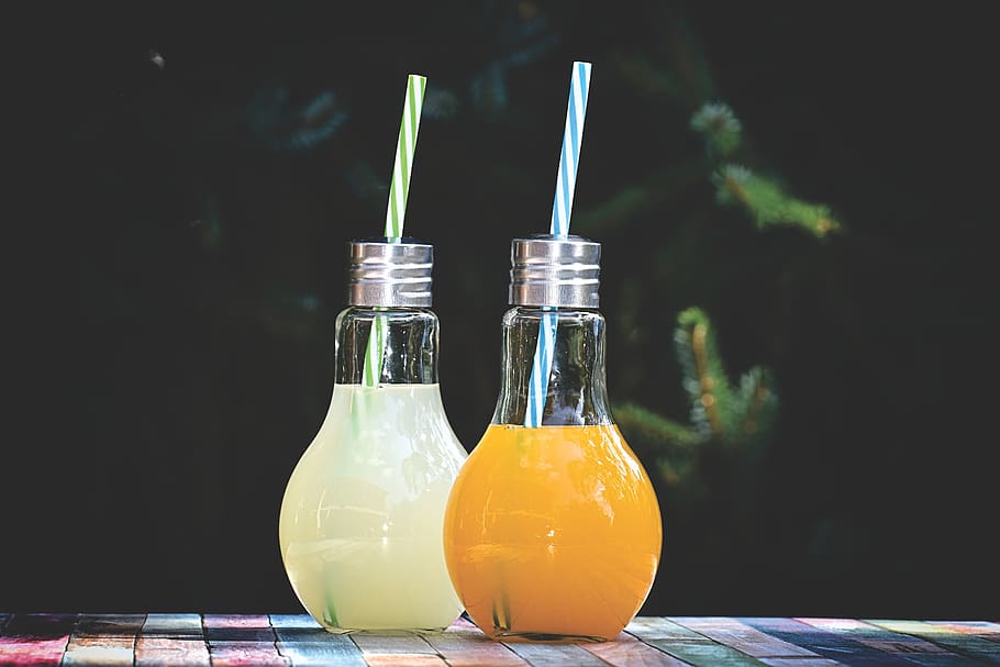 energy drink, beverages, refreshment, glasses, summer, light bulb HD wallpaper