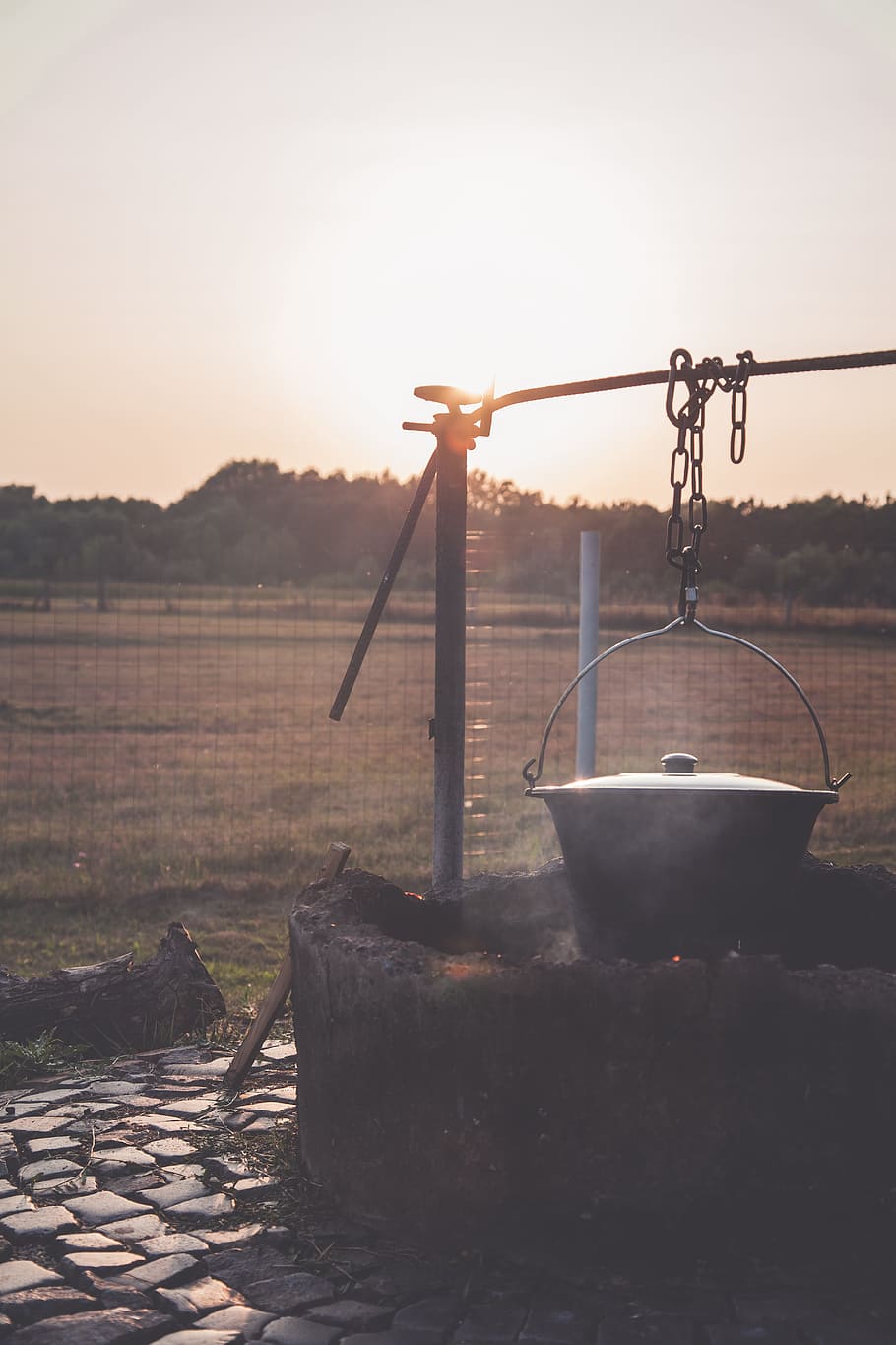 Gray Steel Cooking Pot Hanged by Brown Steel Chain, bucket, clouds HD wallpaper
