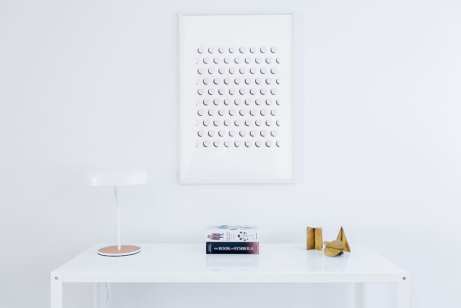 white, table, frames, lamp, aesthetic, indoors, no people, technology HD wallpaper