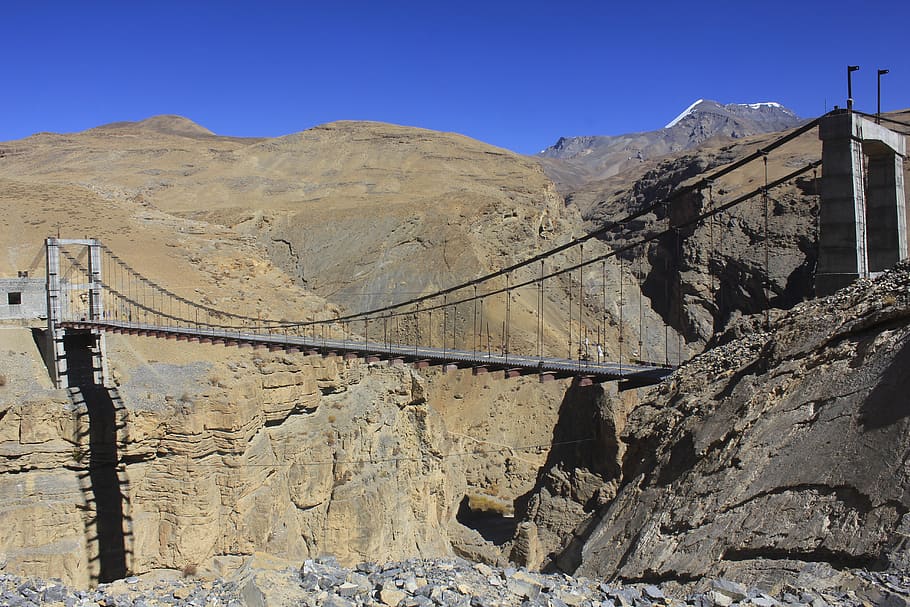 spiti valley, bridge, nature, path, landscape, mountain, rock HD wallpaper