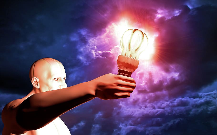 man, light bulb, sky, background, human, energy, night, mood HD wallpaper