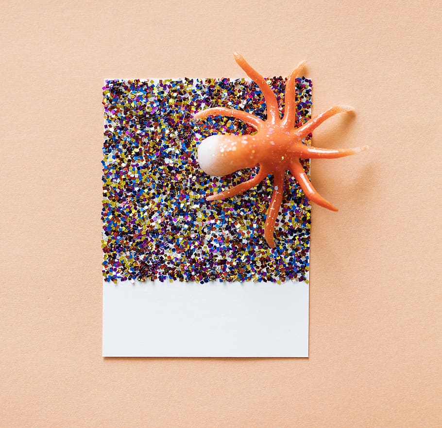 Orange Spider Toy on Glittered Paper, background, card, craft, HD wallpaper