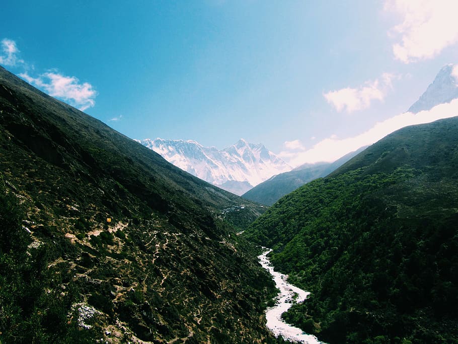 river between mountains, nepal, valley, snow, nature, outdoors, HD wallpaper