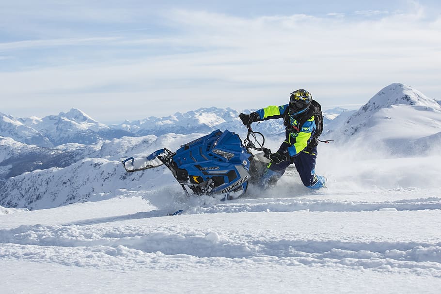 Man Riding Blue Snow Ski Scooter, action, adventure, alpine, cold HD wallpaper
