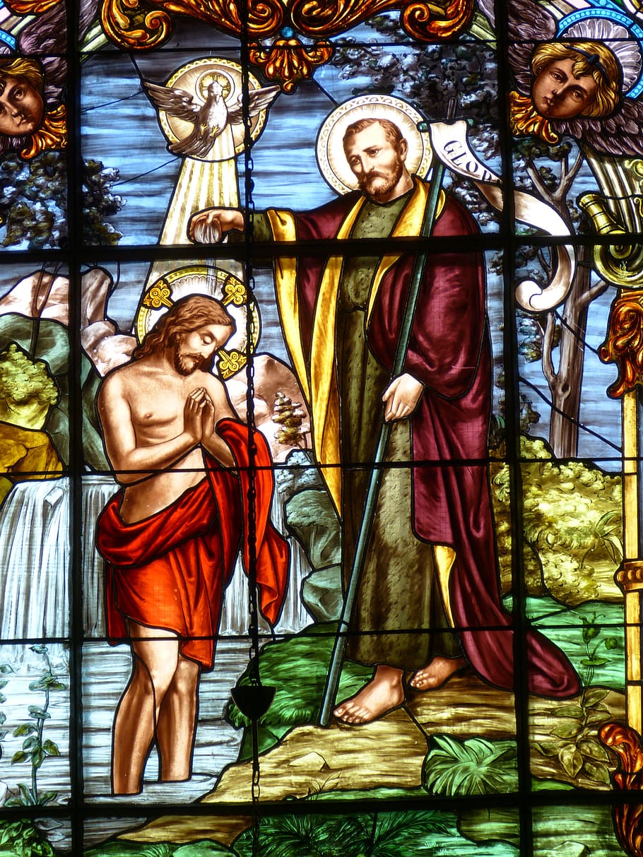 window, church window, jesus, baptism, baptized john, jordan, HD wallpaper
