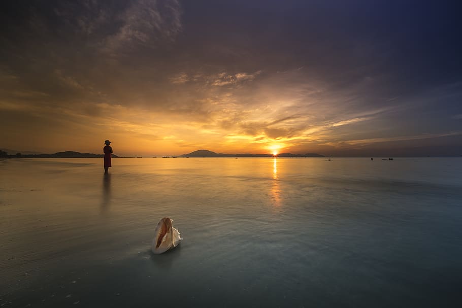 Person Standing on Shallow Water during Golden Hour, beach, clouds HD wallpaper