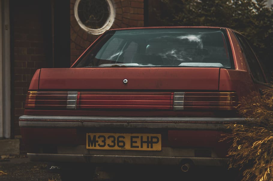 red car, vehicle, transportation, automobile, license plate, tire HD wallpaper