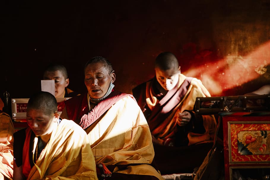 monks meditating, person, sitting, praying, prayer, robe, sunlight, HD wallpaper