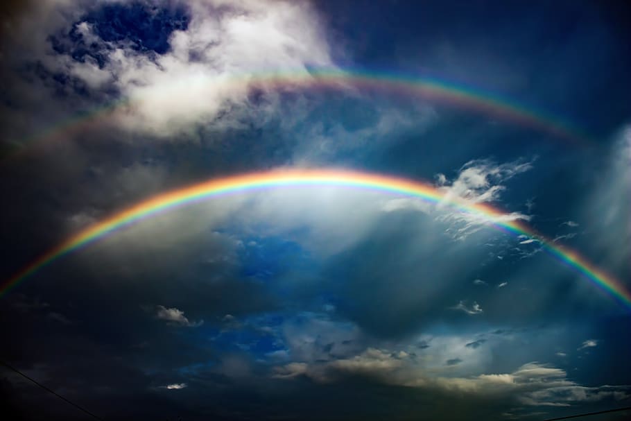 dual rainbow, cloudscape, sky, blue, drama, colors, prism, evening HD wallpaper