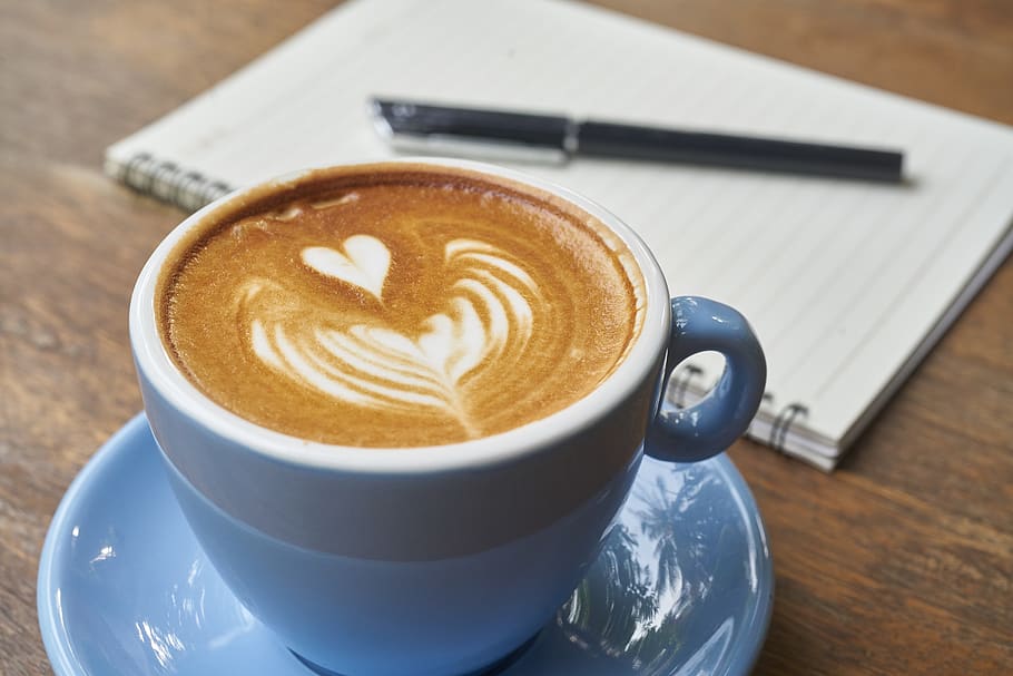 Coffee Latte Beside Spring Notebook, beautiful, blur, brown, caffeine HD wallpaper