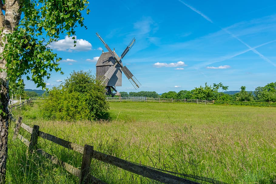 landscape, mill, wind mill, clouds, architecture, historical HD wallpaper