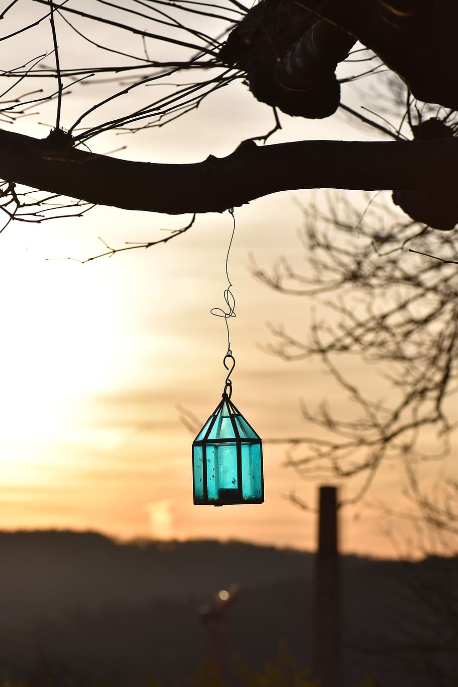 backlighting, abendstimmung, sunset, lantern, turquoise, silhouette HD wallpaper