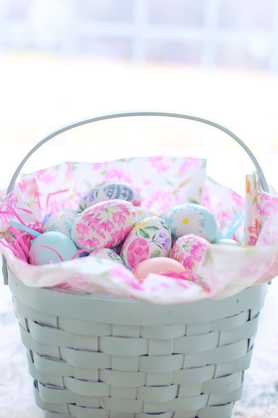easter, easter basket, eggs, spring, colorful, decoupage eggs, HD wallpaper