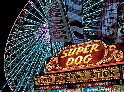 Super Dog Hot Dog Food Stall in Front of Ferris Wheel during Nighttime HD wallpaper