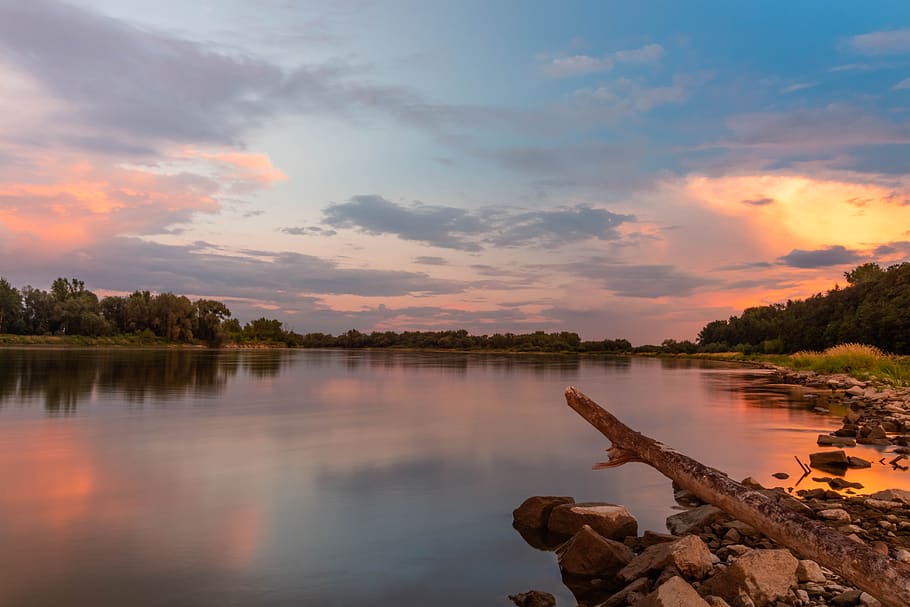wisla, sunset, river, landscape, evening, clouds, summer, sky HD wallpaper
