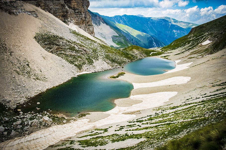 Lake Between Green Mountains, blue water, clouds, daylight, environment HD wallpaper