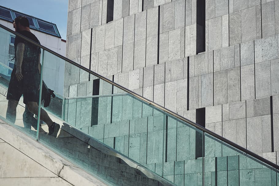 vienna, austria, stairs, man, father, son, boy, concrete, modern HD wallpaper