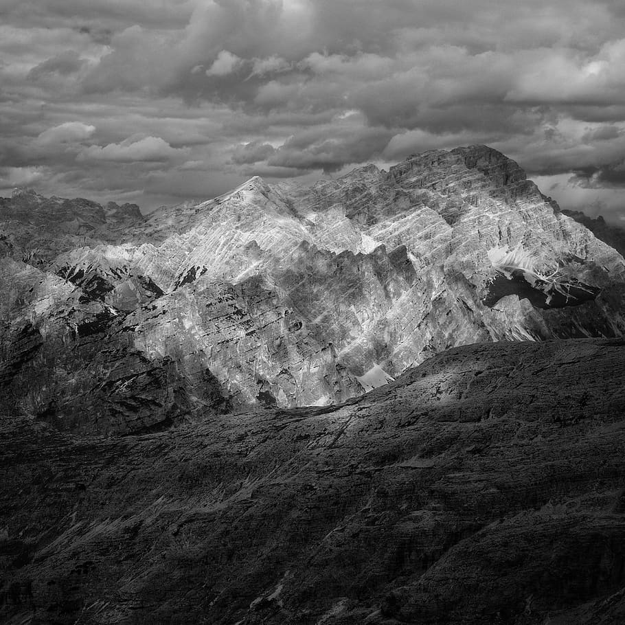 italy, marmolada, blackandwhite, landscape, mountain, shadows, HD wallpaper