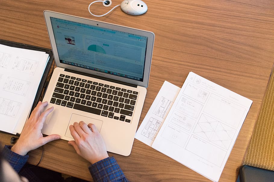 Person's Hands on Top of Macbook Air, composition, data, desk HD wallpaper