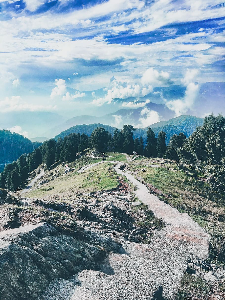 Pathway, trees, cloud - sky, tranquil scene, mountain, tranquility HD wallpaper