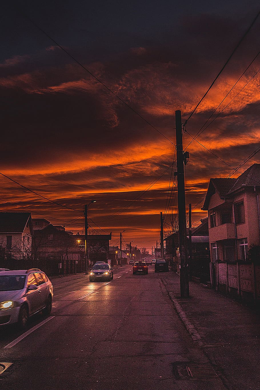 vehicles on road at night, sunrise, dusk, sky, red sky, nature HD wallpaper