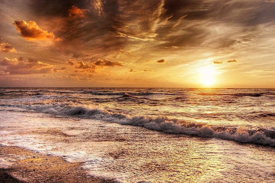 sun, denmark, clouds, sky, coast, sea, water, beach, sunset, HD wallpaper