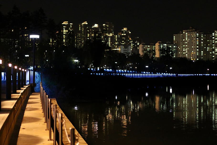 night view, city, illuminated, reflection, architecture, building exterior HD wallpaper