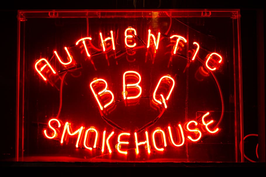 authentic BBQ smokehouse neon signage, red, text, illuminated, HD wallpaper
