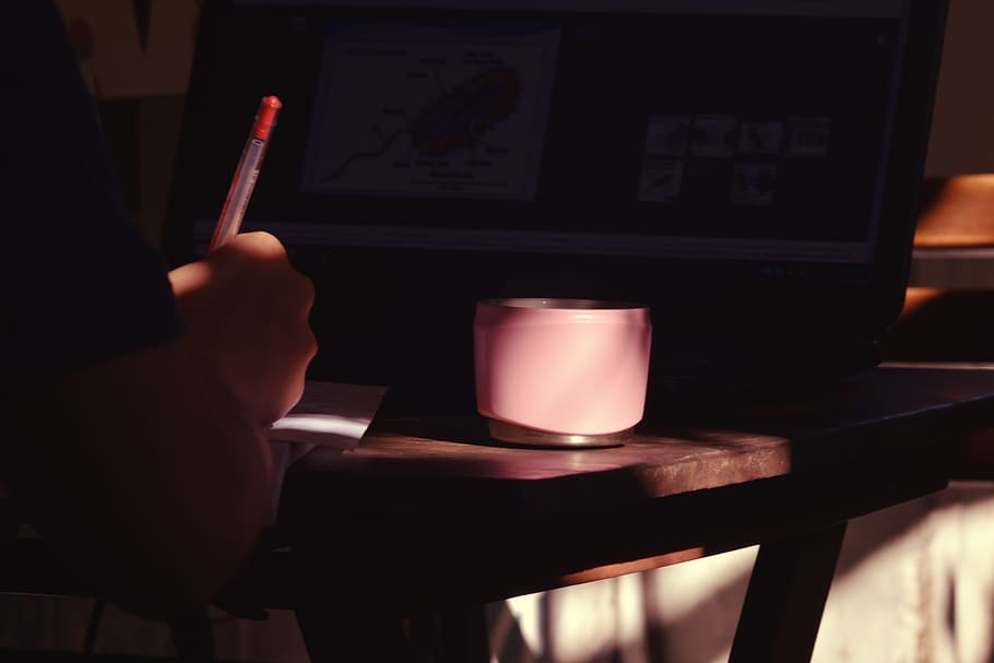 study, coffee, laptop, desk, notebook, reading, studying, pen HD wallpaper