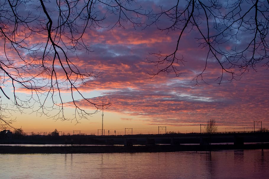 sunset, river, bridge, railway line, landscape, water, twilight HD wallpaper