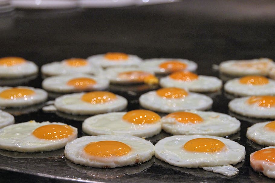 Fried eggs, egg yolk, kitchen, pan, food, food and drink, freshness, HD wallpaper