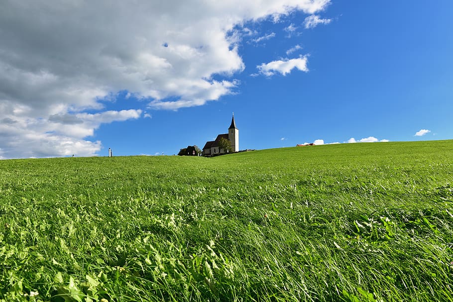 nature, landscape, clouds, cloud mood, church, sky, field, plant HD wallpaper