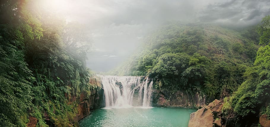 waterfall, nature, mountain, cliff, cascade, trees, landscape HD wallpaper