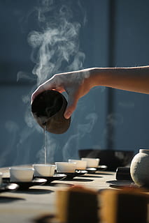 person pouring hot water on white cup, tea, steam, mug, liquid HD wallpaper
