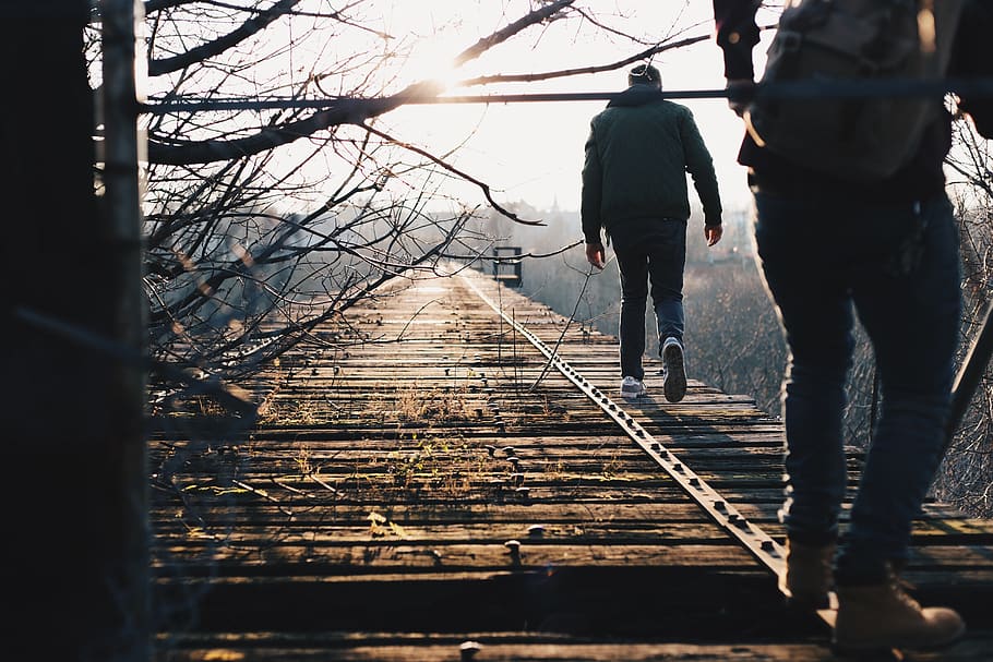 railroad, sunset, bridge, exploration, real people, men, walking HD wallpaper