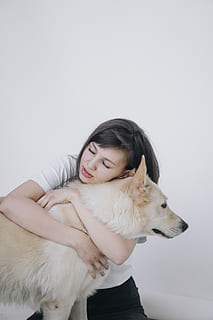 woman hugging a dog, female, pet, animal, canine, russia, moscow HD wallpaper