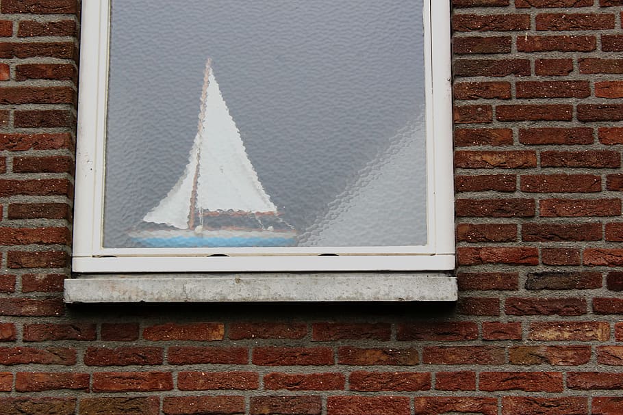 boat, window, house, wall, glass, ship, bricks, sailboat, brick wall HD wallpaper