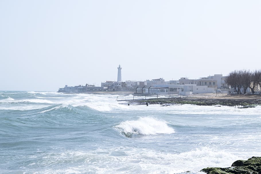 sea, lighthouse, waves, rocks, storm, wind, nature, sand, italy HD wallpaper