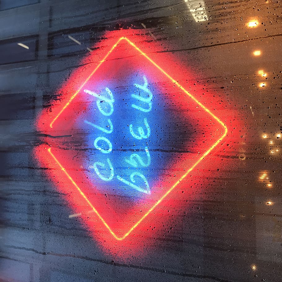 reflection of cold brew neon sign on glass wall, light, greater london