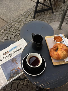 Black Pitcher on Table, beverage, black coffee, bread, break HD wallpaper