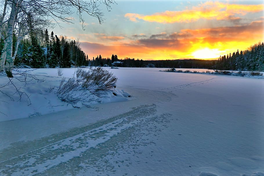 sunset, landscape, nature, winter, snow, gel, ice, cold, clouds HD wallpaper